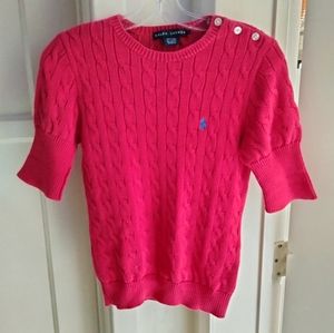 RL Red Orange Blue Pony Cable Cuffed Short Sleeve Sweater